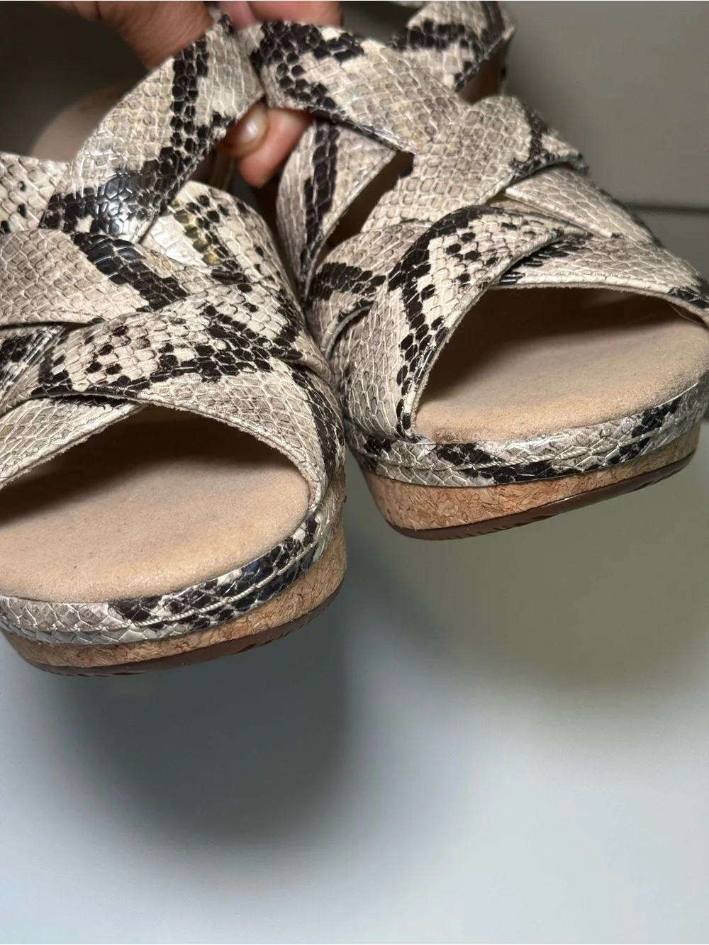 Clarks Women's Snake-Print Crisscross Wedge Sandals in Beige and Black